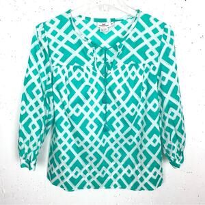 Vineyard Vines Diamond Lattice Tunic Blouse V-Neck Drawstring Tassel Green XS